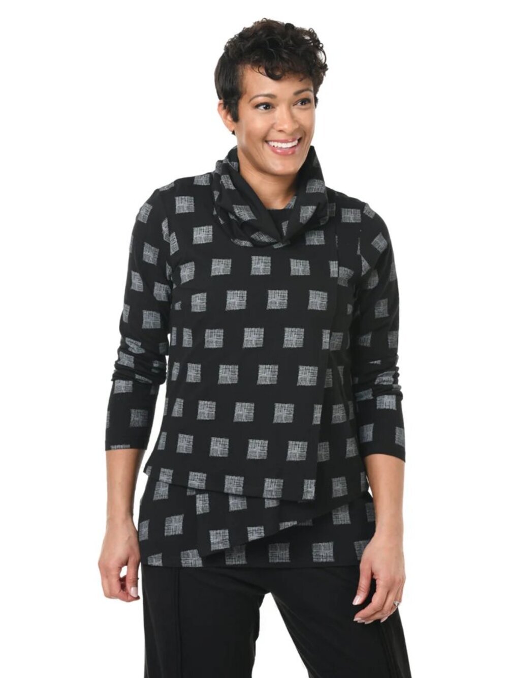 NWT New Tulip Bristol Cowl Neck Pullover in Black Grey Mini Chex Size S - Picture 2 of 10
